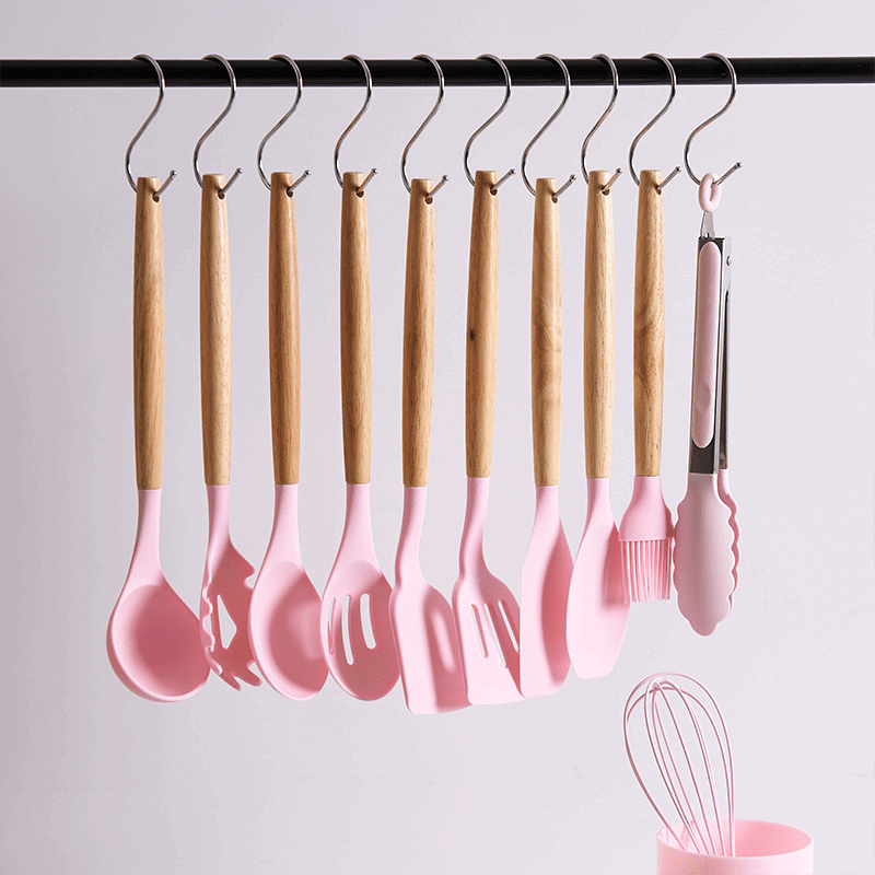 Complete Set of 12pc Wooden Handle Non-Stick Silicone Kitchen Utensils