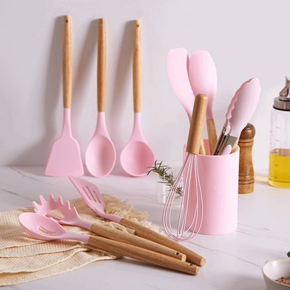 Complete Set of 12pc Wooden Handle Non-Stick Silicone Kitchen Utensils