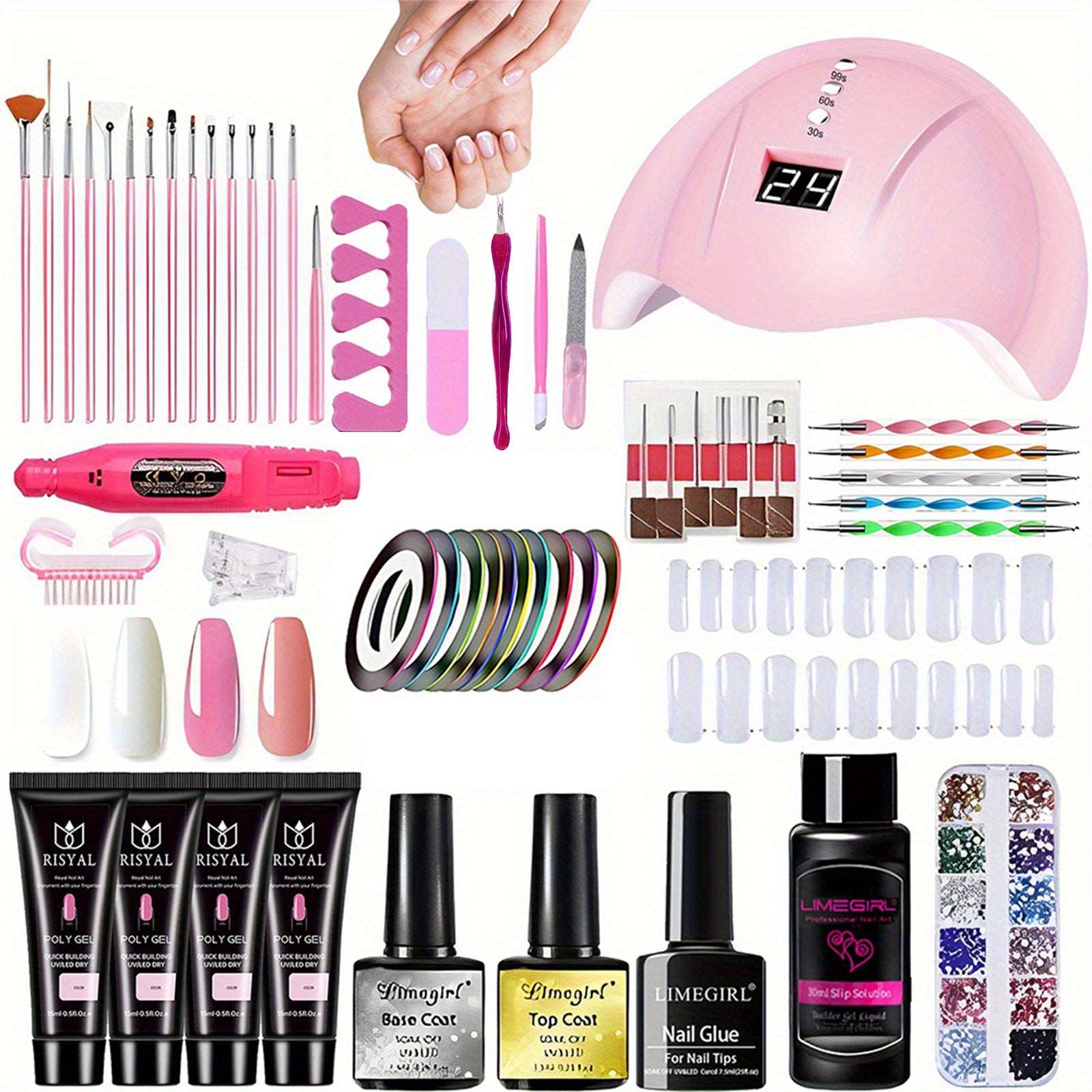 UV Gel with UV LED Lamp Manicure Set: Professional Poly Nail Gel Polish Kit