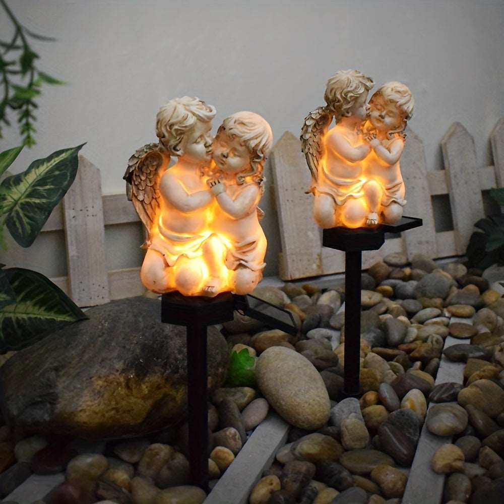 Solar Angel Couple Night Light - Automatic Bright LED Warm White Light, Decorative Garden Landscape Lighting