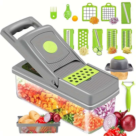 Effortless Meal Prep: 14-in-1 Multifunctional Veggie Chopper and Food Grater Set with Container