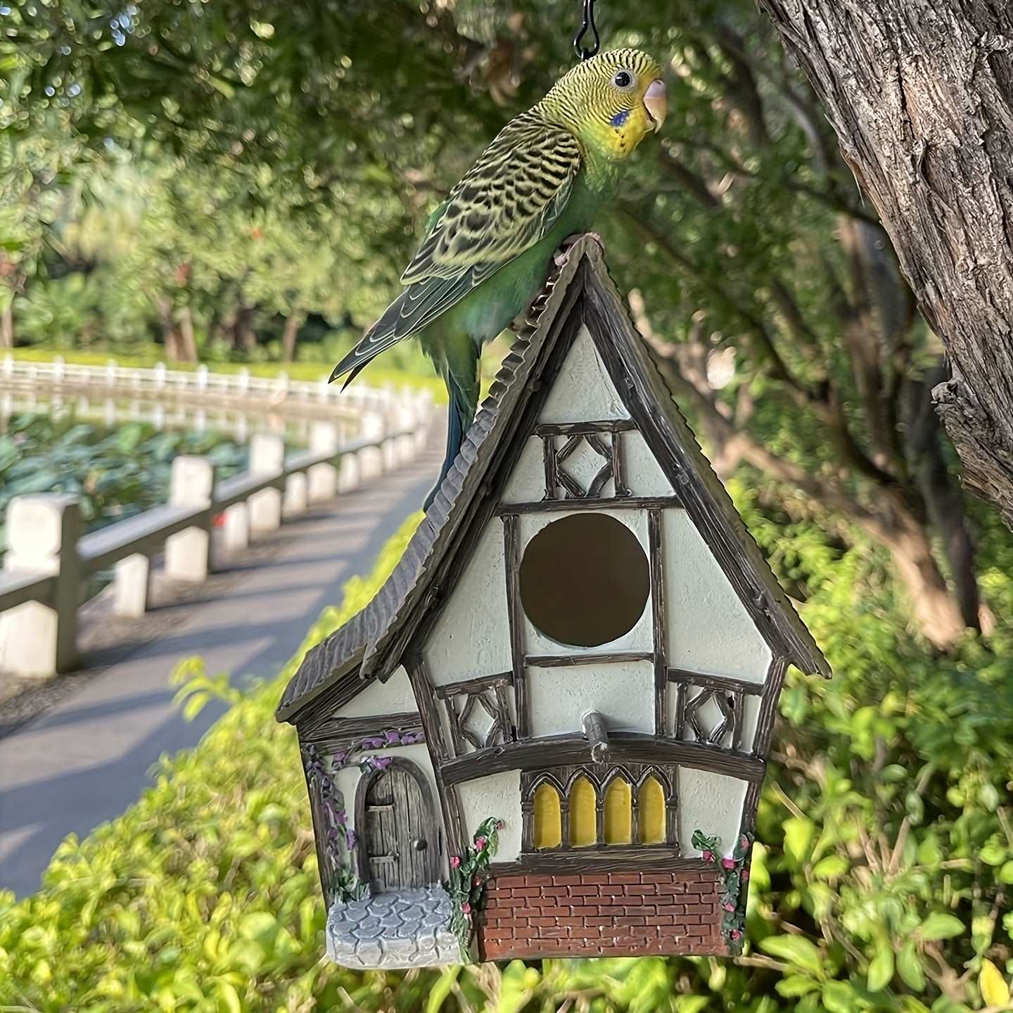 Feathered Abode: Resin Bird House Statue for Garden, Yard, and Patio Décor