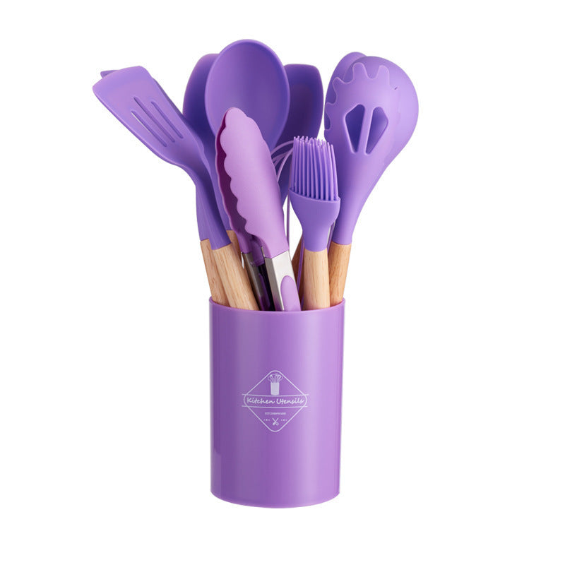 Complete Set of 12pc Wooden Handle Non-Stick Silicone Kitchen Utensils