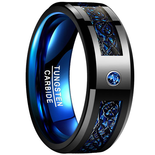 Bold and Dynamic: 8mm Wide Inlaid Black Dragon Pattern Blue Carbon Fiber Men's Tungsten Ring