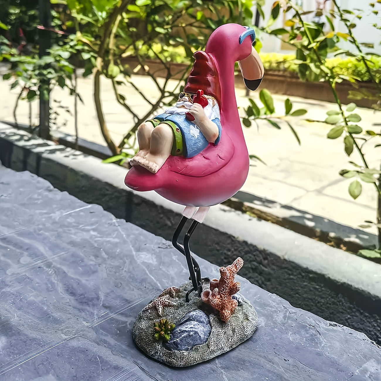 Whimsical Resin Gnome Garden Statue: Relaxing on a Flamingo - Perfect Fall Decor for Your Outdoor Space!