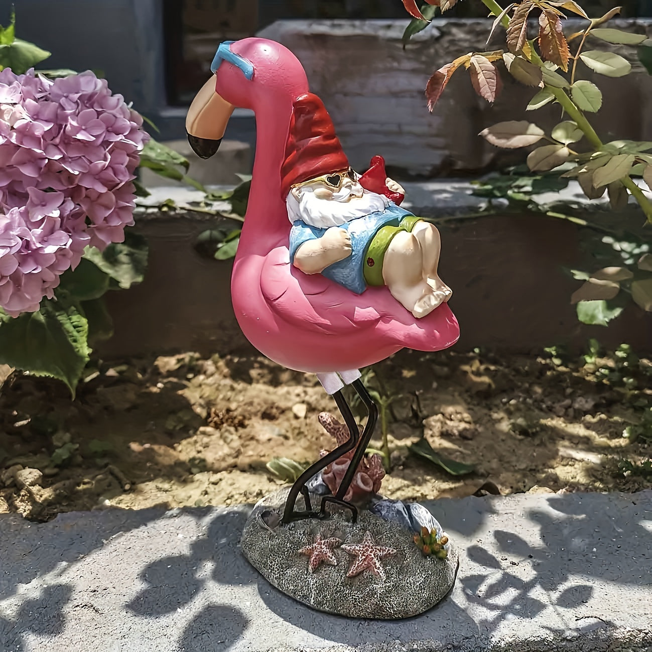 Whimsical Resin Gnome Garden Statue: Relaxing on a Flamingo - Perfect Fall Decor for Your Outdoor Space!