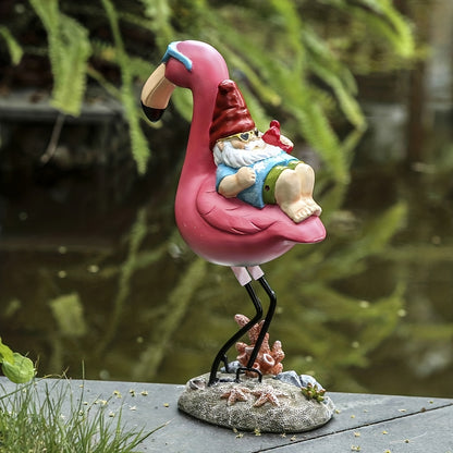 Whimsical Resin Gnome Garden Statue: Relaxing on a Flamingo - Perfect Fall Decor for Your Outdoor Space!